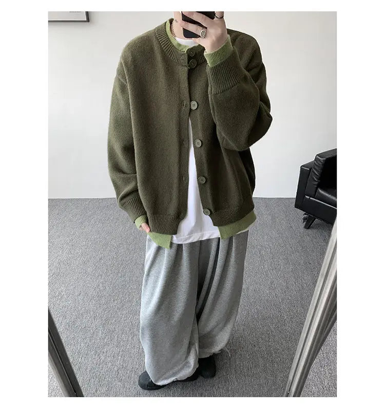 Men's Casual Contrast Color Cardigan Sweater Loose Button Front Knitted Coat for Daily Wear