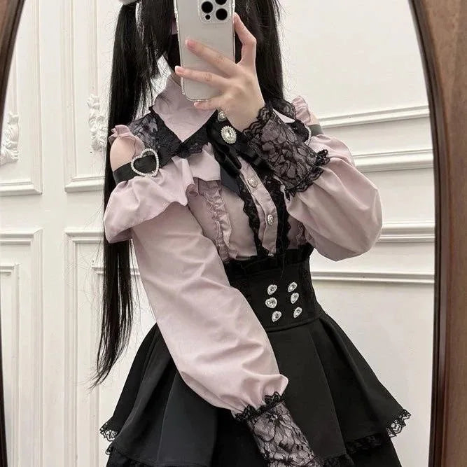 k Gothic Sle oulder Bared irt And f Skirt Set Spring Autumn Sweet Subculture Encounter Jk orm Two Piece Set f...