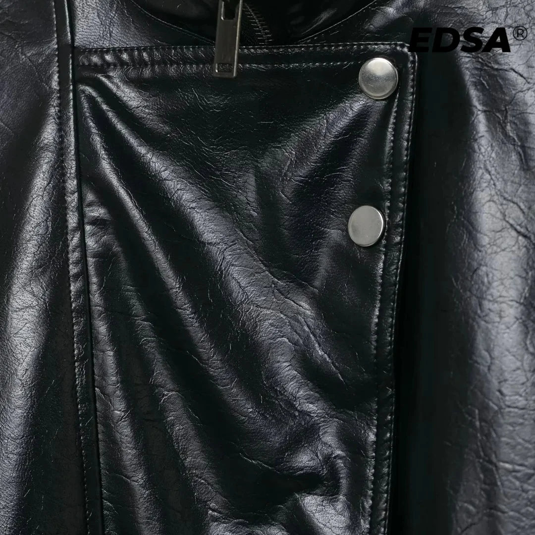 EDSA Women PU Leather Bomber Jacket Motorcycle Coat Black Spliced Zipper Fly Pu Leather Coat For Female New Street Style