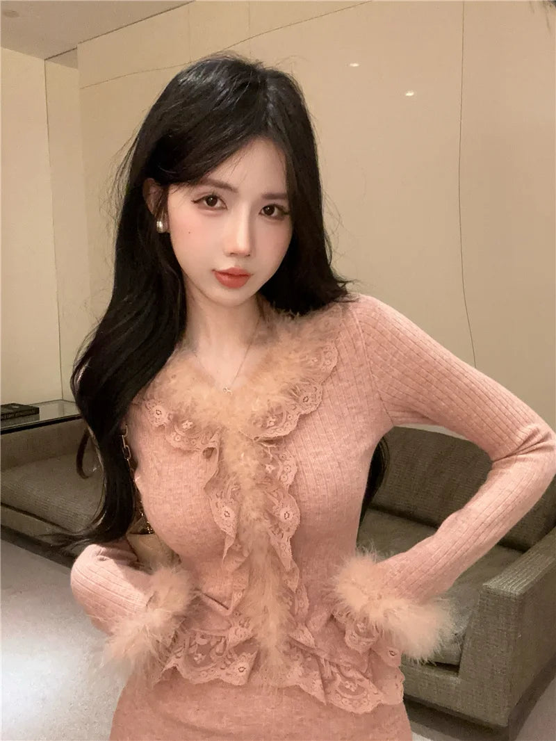 Autumn Winter Lace Splice Knitted Sve High Waist Slim Fit Bodycon Skirt Set V-Ne Soft Pure Desire Long Sve T-irt