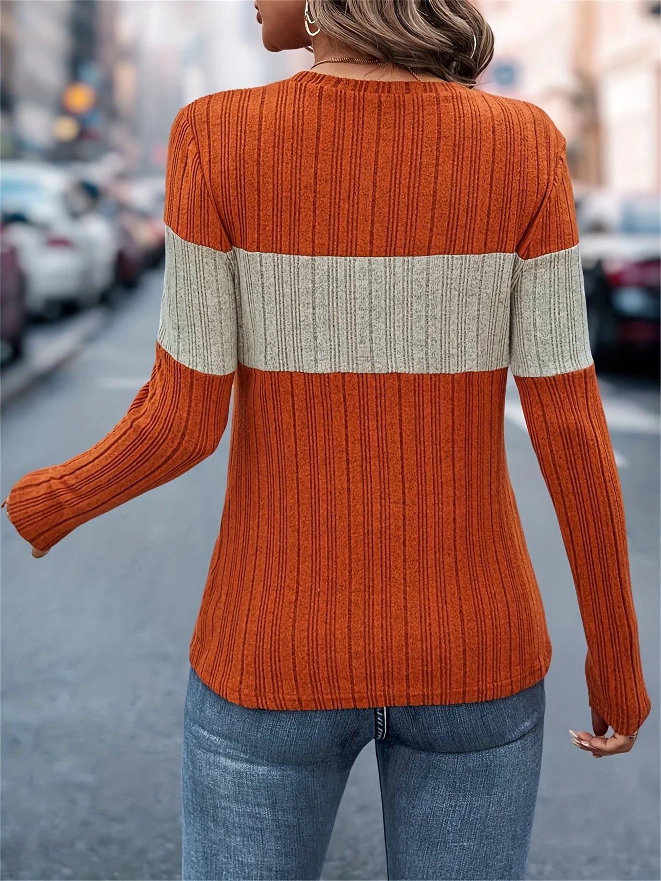 Color-block patchwork crewneck T-shirt, elegant long-sleeved T-shirt for spring and autumn, women's