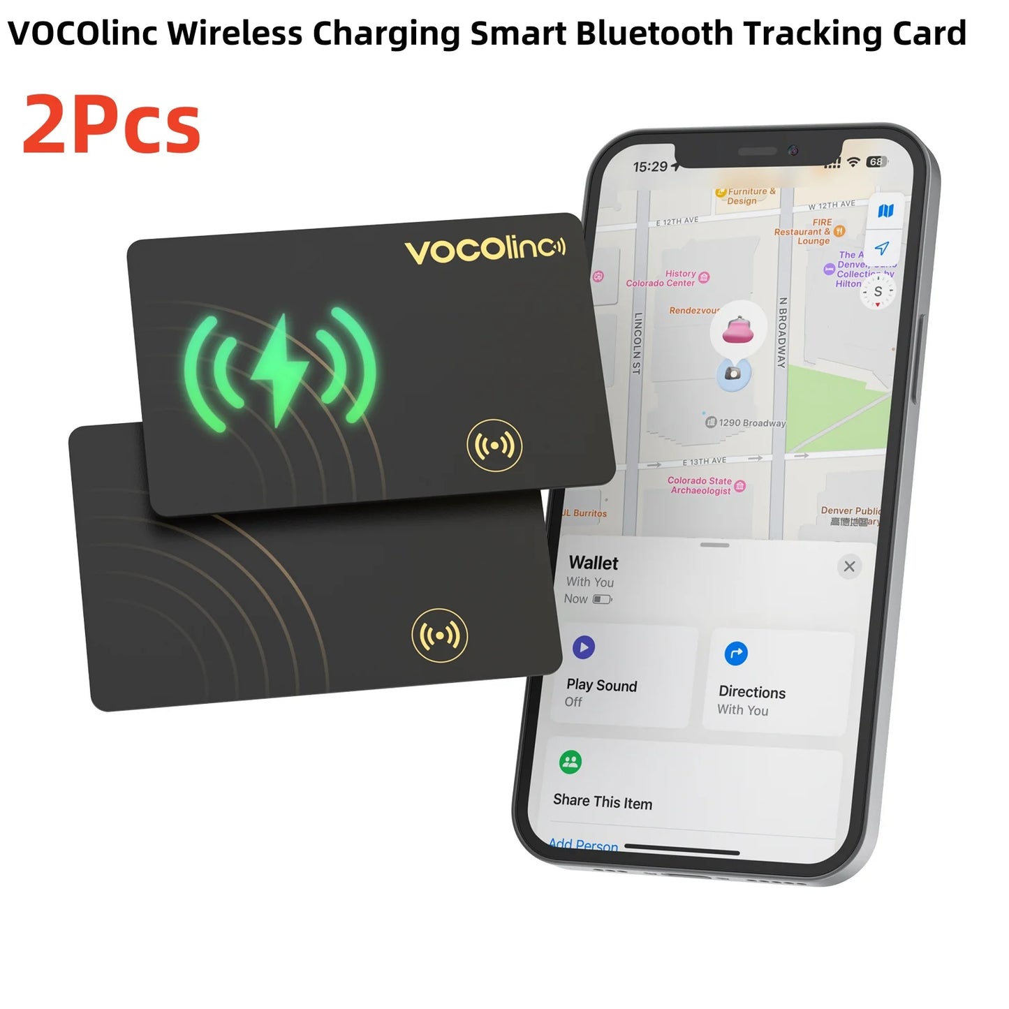 1/2Pcs VOCOlinc Wireless Charging Bluetooth Tracking Card,Global locator, Smart Tag, Item Finder, Use with Find My (IOS Only)