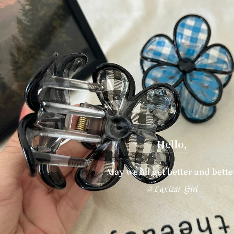 2Pcs Vitnage Blue Black Checkered Gripper Plaid Flower Hair Claw Clip Elegant Hairpin Versatile Daily High-End Hair Accessories