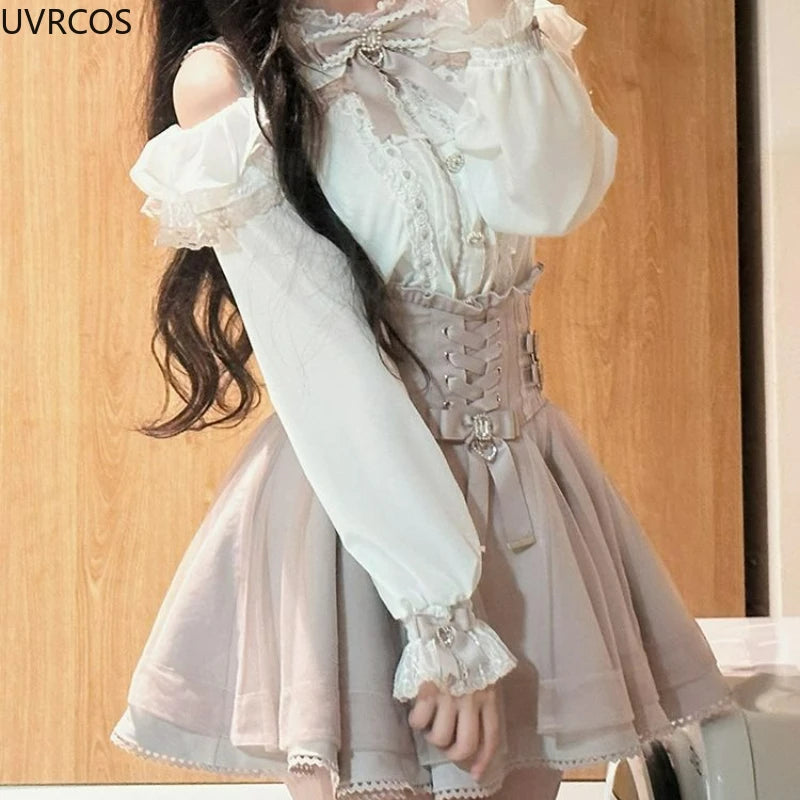 2025 Japanese Kawaii Short Skirt Sets Sweet Ruffles Off Shoulder Bow Shirt Gown Faldas Y2k Aesthetic Mini Skirts Lolita Full Set