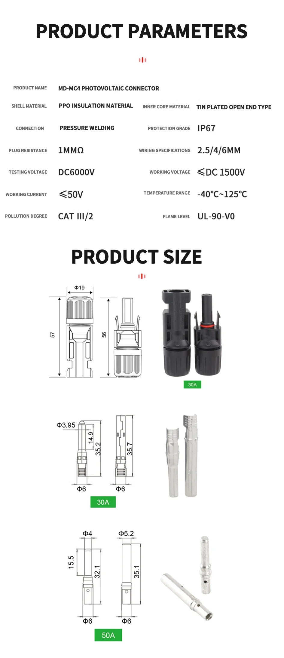 10/20/40/100/200/400Pcs Photovoltaic Solar Connector kit 1000V 30A connectors for solar panels PV/MC 2.5/4/6mm²