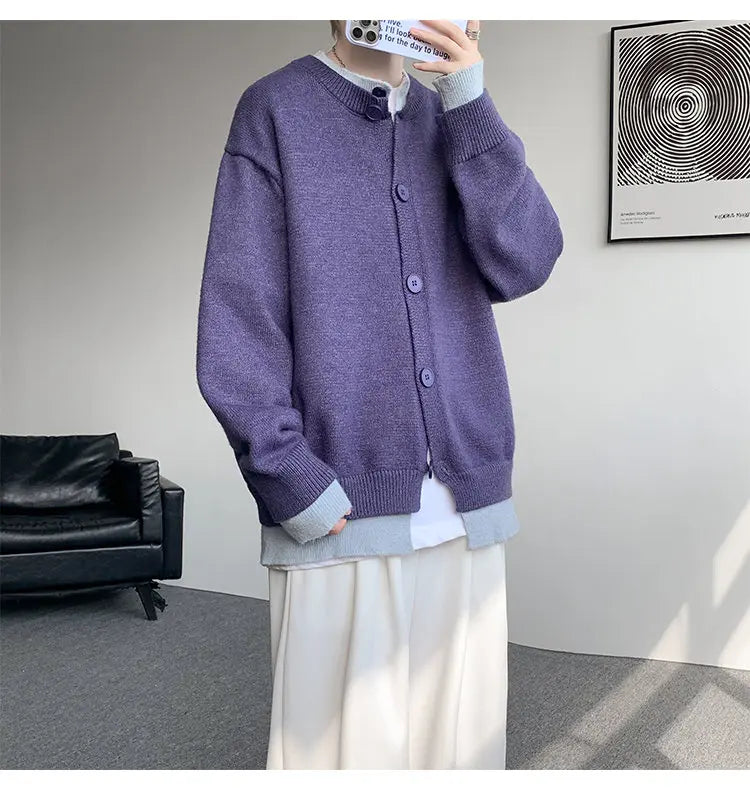 Men's Casual Contrast Color Cardigan Sweater Loose Button Front Knitted Coat for Daily Wear