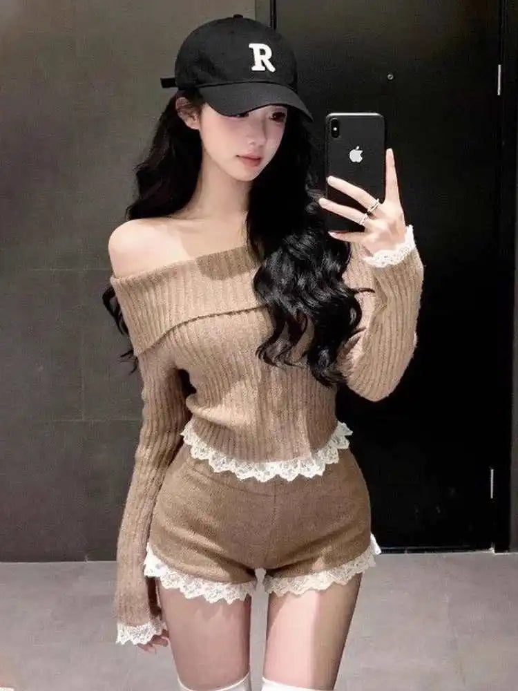 Autumn Winter Lace Splice One oulder Knitted Top High Waist ort Pants Two Piece Set Sexy Sle Casual Wear for Women
