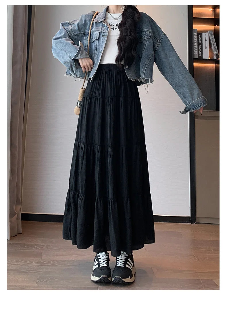 Elegant White Ruffled Long Skirts for Women High Waist A Line Maxi Skirt Woman Spring Summer Casual Loose Korean Umbrella Skirt