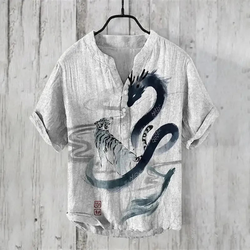 Fashionable men's V-neck shirt with 3D animal print men's short sleeved top, loose and comfortable new style