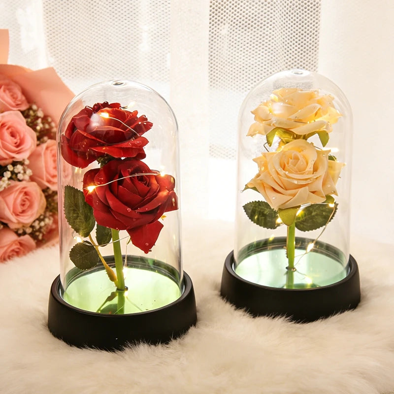 Artificial Rose Flowers Eternal Rose LED Light Foil Flower in Glass Cover Simulation Rose Flower Christmas Valentine's Day Gifts