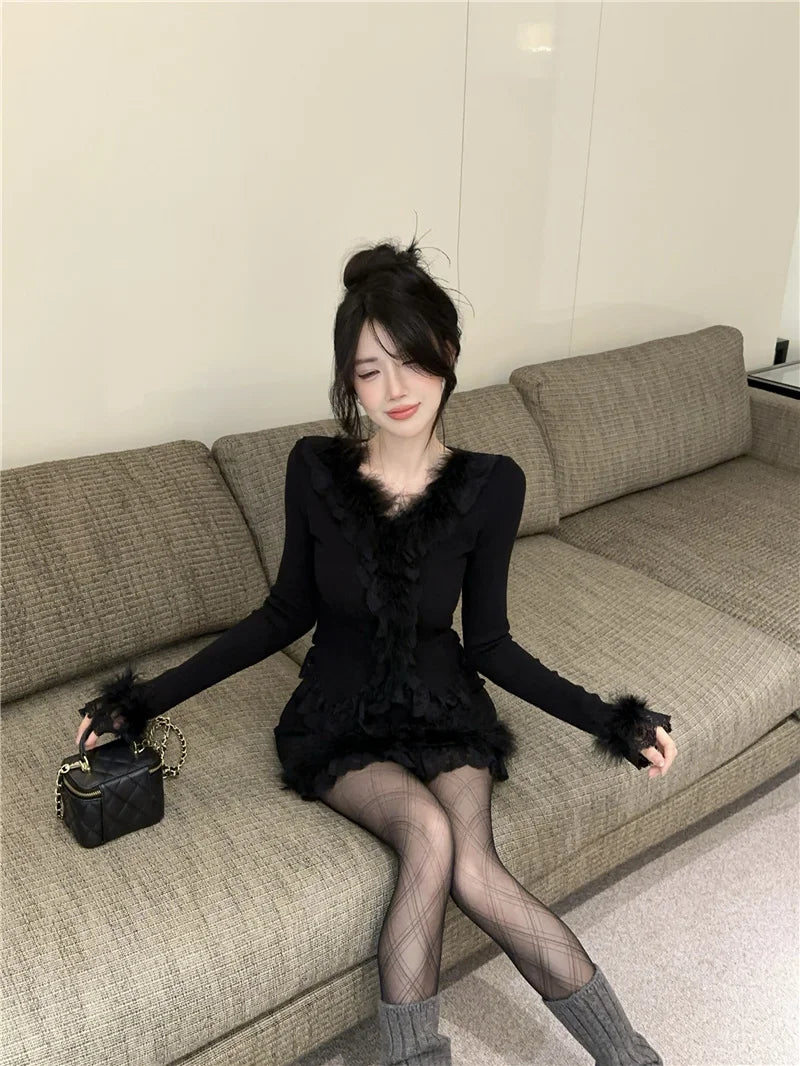 Autumn Winter Lace Splice Knitted Sve High Waist Slim Fit Bodycon Skirt Set V-Ne Soft Pure Desire Long Sve T-irt