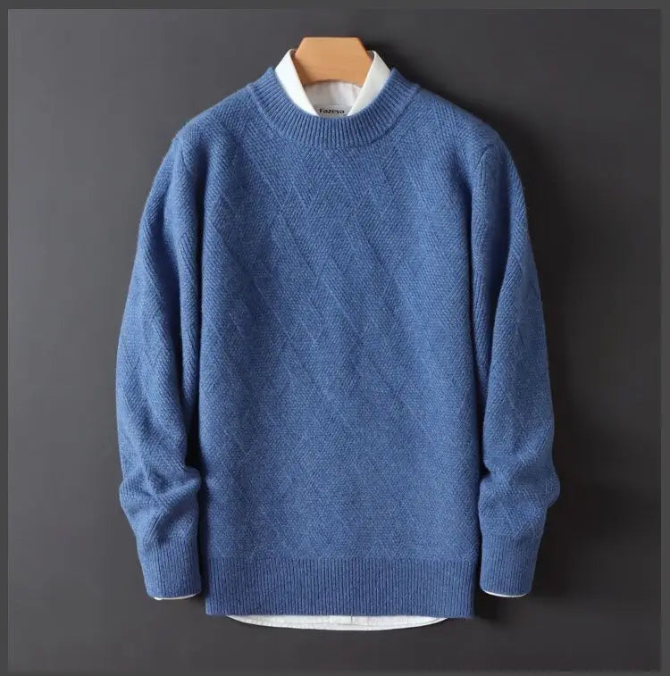 Men's Cashmere Sweater Loose and Thick Jacquard Crewneck Sweater Autumn and Winter New Solid Color Men's Knit Bottom Sweater