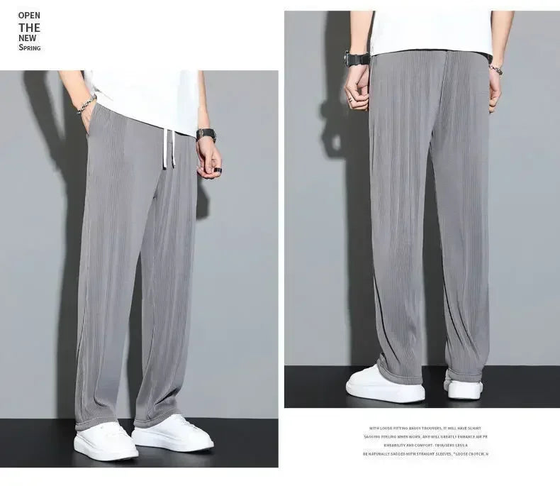 Summer Loose Ice Silk Pants Men's Drape 100KG Size Long Pants Fat Casual Sports Pants Wide Leg Straight Pants Tide Brand