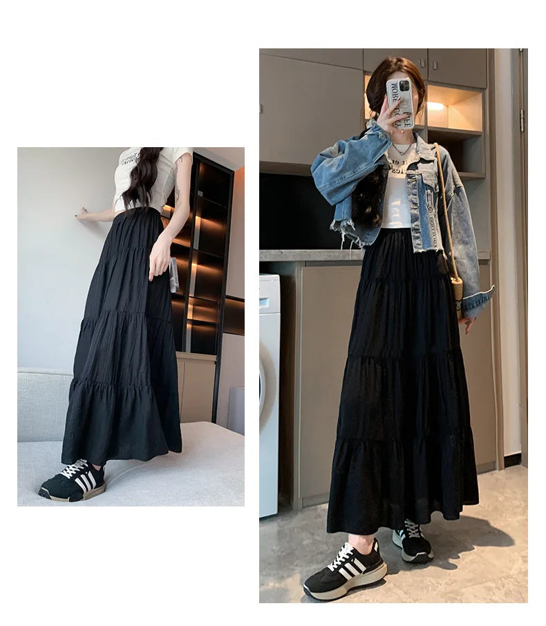 Elegant White Ruffled Long Skirts for Women High Waist A Line Maxi Skirt Woman Spring Summer Casual Loose Korean Umbrella Skirt