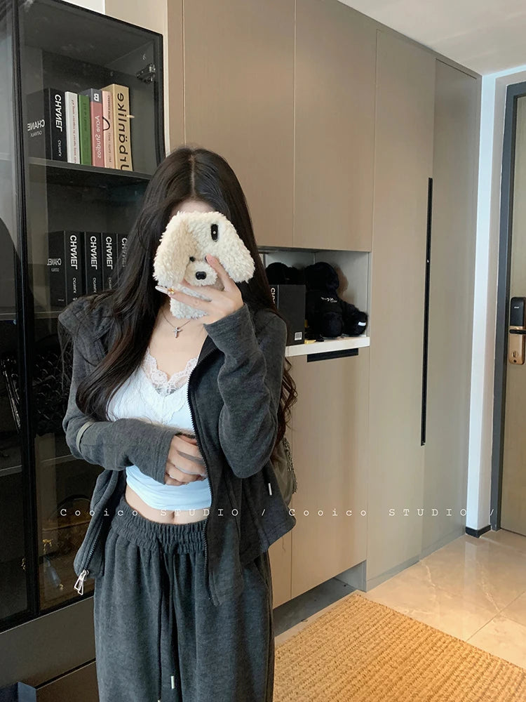 Faionable Lazy Sle Women's Outfit Long Sve Hoodie Wide Leg Casual Pants Two Piece Set Autumn Commute Windbreaker
