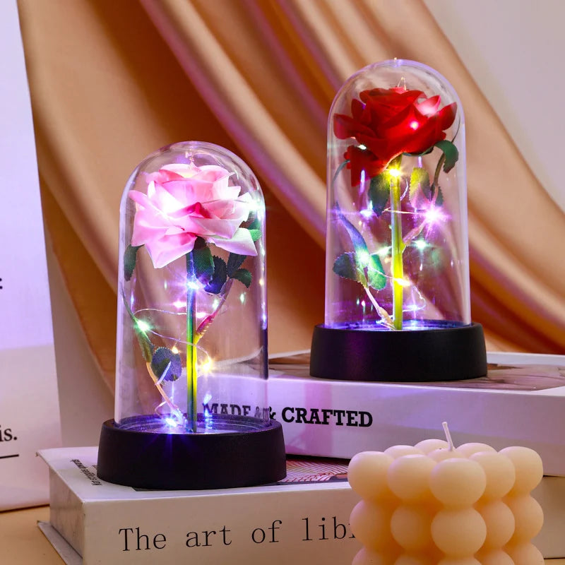Artificial Rose Flowers Eternal Rose LED Light Foil Flower in Glass Cover Simulation Rose Flower Christmas Valentine's Day Gifts