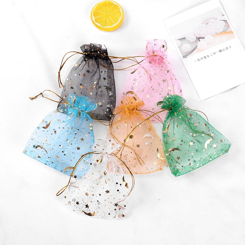 100PCS Moon Stars Drawstring Organza Bags Jewelry Gift Bags Pouches Gold Star Organza Pouches for Christmas Wedding Gift Bags