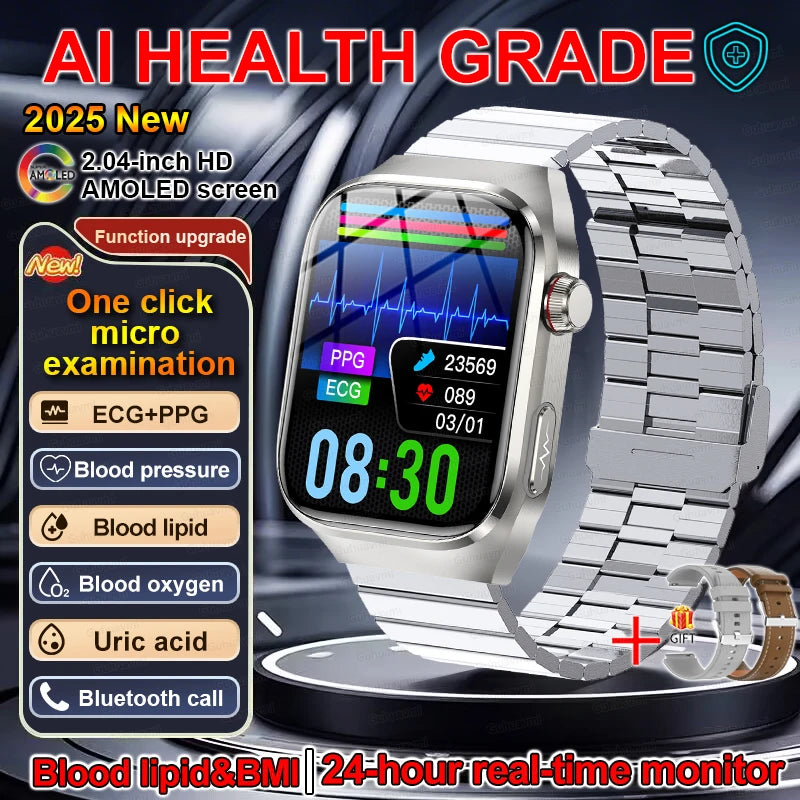 2025 New ECG+PPG Clock Smartwatch Men Uric Acid Blood Pressure Blood Oxygen Body Analysis Heart Health Monitor Smart Watch lady