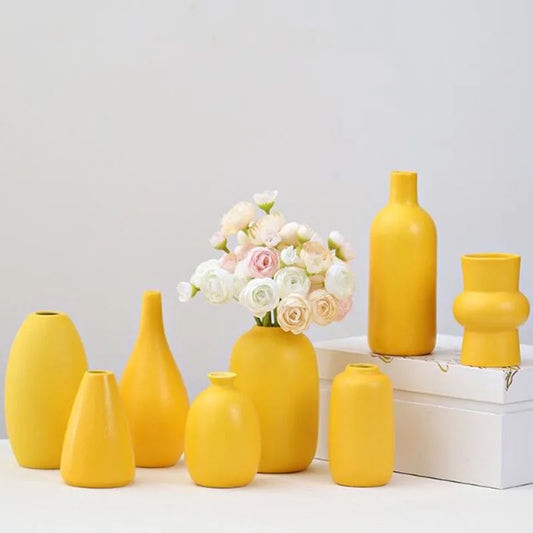 Porcelain Yellow Color Flower Vase Decoration Living Room Flower Arrangement Container Hydroponics Vase Plant Pot Gardening Art