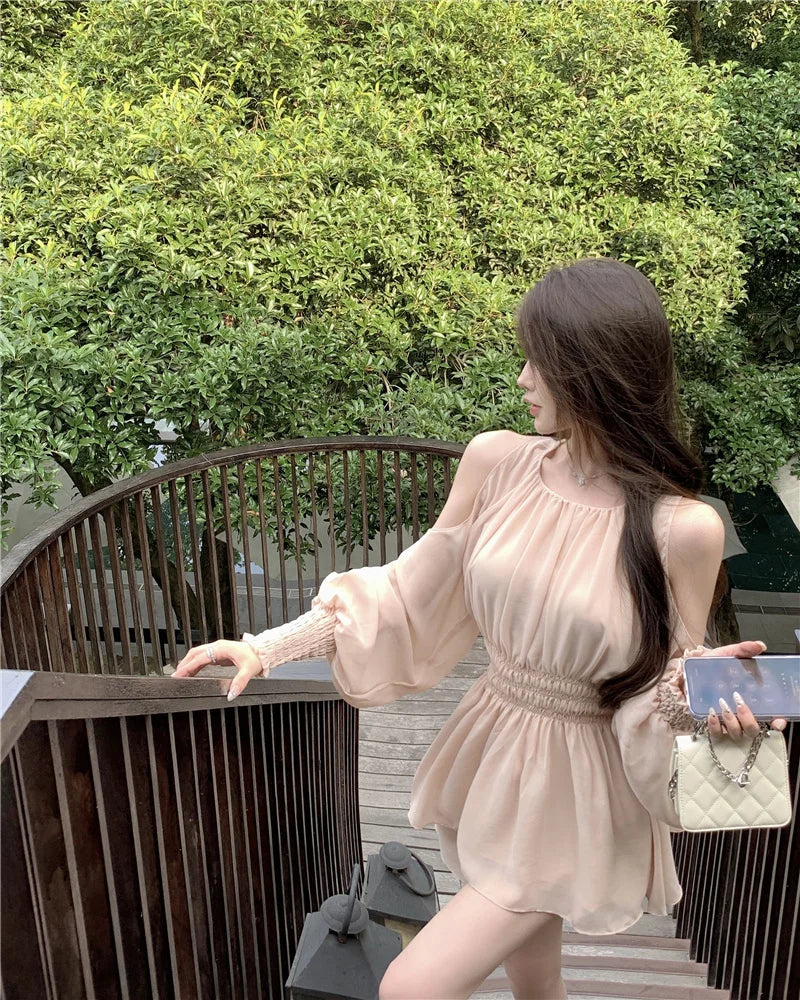 oulder Bared Bubble Sve High Waist ort Set Women's Faion 2025 Autumn Spring Chiffon Top And orts Two Piece Set