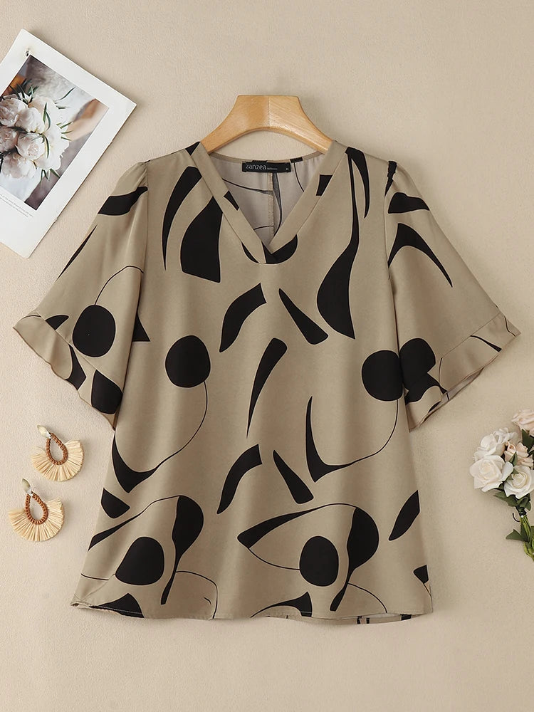 2026 ZANZEA Summer Blouse Women Casual V Neck Short Sleeve Printed Tops Female Loose Chemise Tunic Elegant Work Shirt Oversize