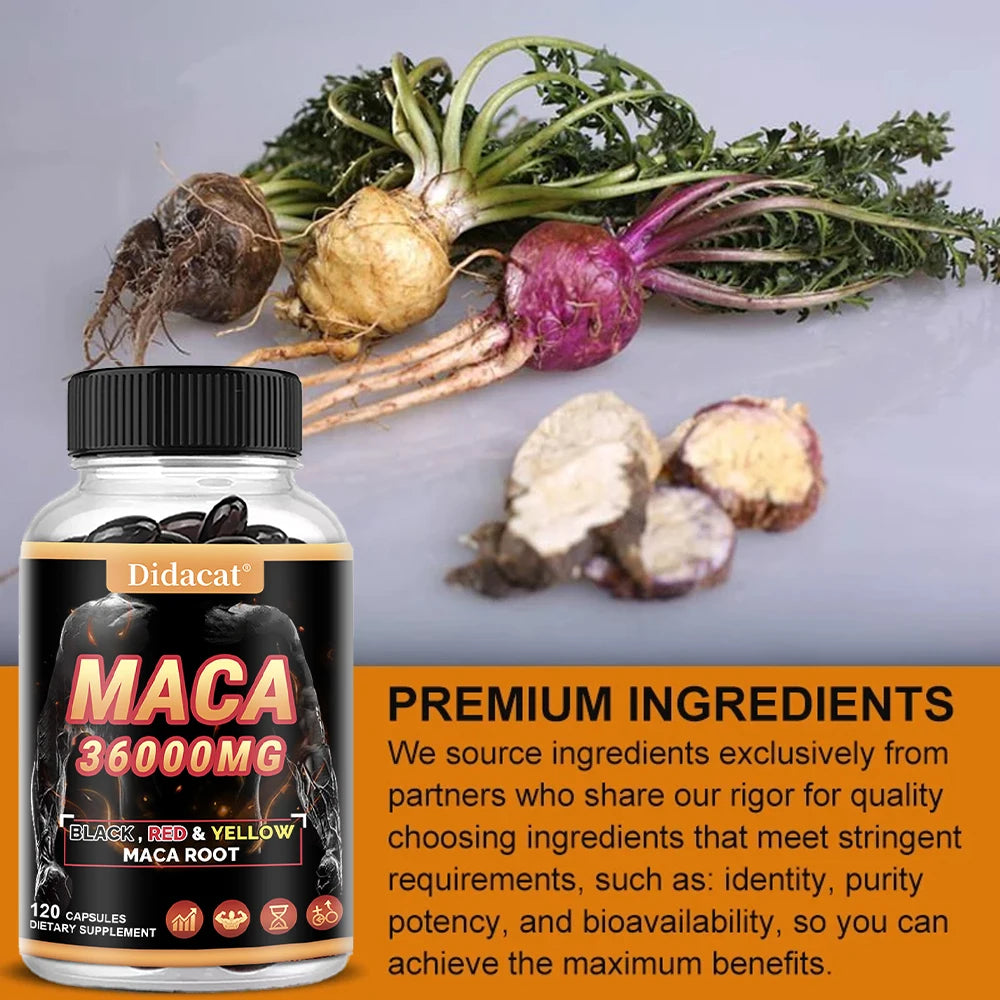 Organic Maca Root Powder Capsules with Black + Red + Yellow Maca Root Extract Supplement for Men and Women - 120 Capsules