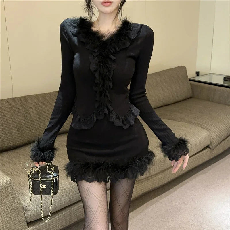 Autumn Winter Lace Splice Knitted Sve High Waist Slim Fit Bodycon Skirt Set V-Ne Soft Pure Desire Long Sve T-irt