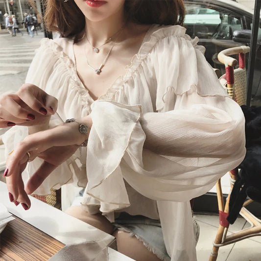 V-neck Sexy Shirts Women Summer See Through Boho Mesh Blouse Ruffle Flare Sleeve Elegant Peplum Tops Ruffles Ladies Blusas 13459