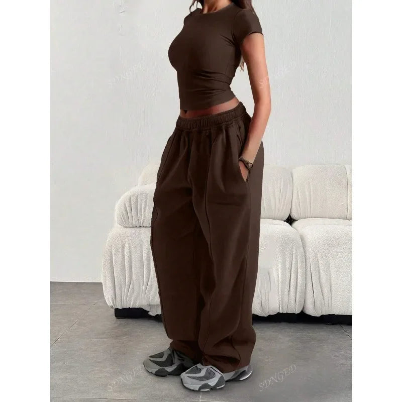 Plus Size New Women‘s Fashion Fitness Sweatpants Wide Leg Straight Ladies Casual High Waisted Solid Color Sports Pants