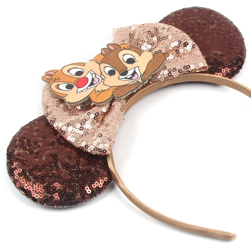 2025 Mickey Mouse Ear Headband Chip and Dale Bow Sequin Hairband Women Hair Hoop Birthday Gift Adult/Child Cosplay Accessories