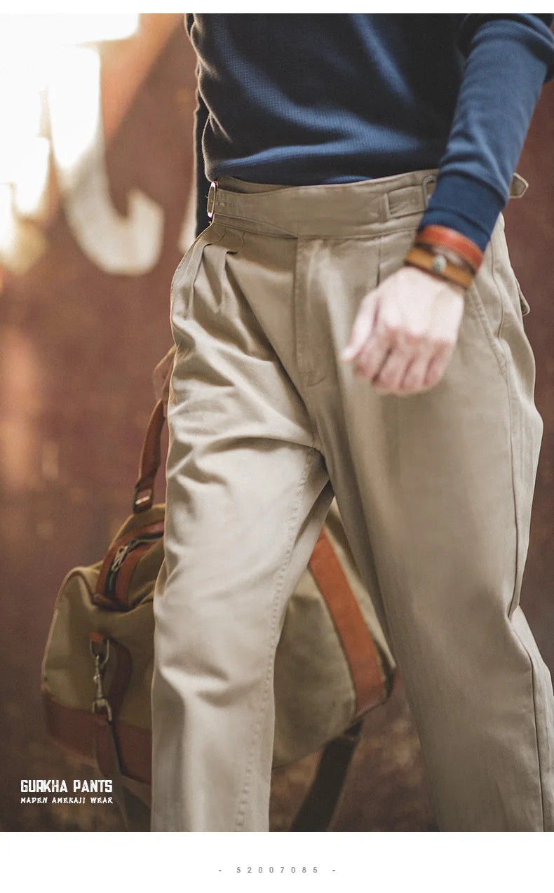Maden Vintage Adjustable High Waist Gurkha Pants Khaki Casual Cargo Work Pants Classic Straight Trousers for Men's Spring Fall