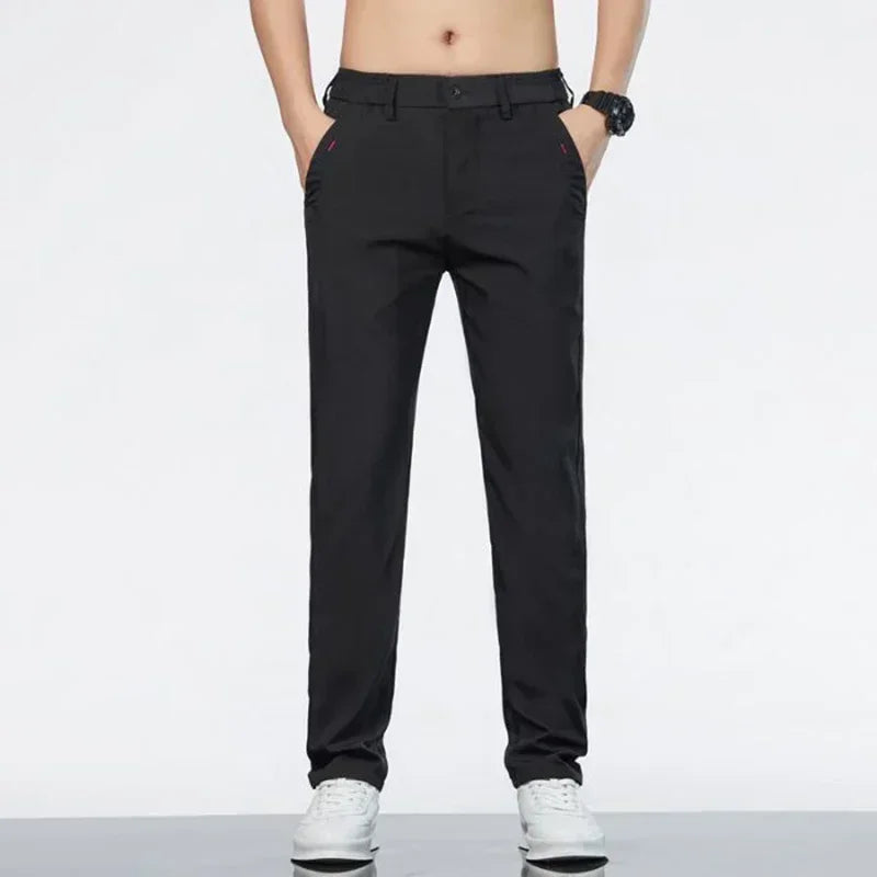 Men Ice Silk Thin Classic Casual Pants Male Slim Fit Straight Leg Daily Business Trousers Fashion Elastic Waist Black Gray Pants