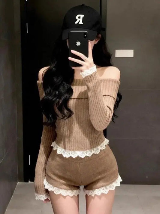 Autumn Winter Lace Splice One oulder Knitted Top High Waist ort Pants Two Piece Set Sexy Sle Casual Wear for Women