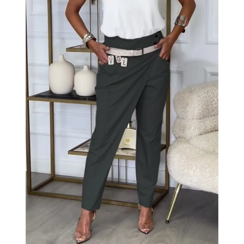 New Autumn Asymmetric High Waisted Pants For Women Fashion Chic Belt Straight Pants Casual Street Trousers Ladies Solid Bottoms