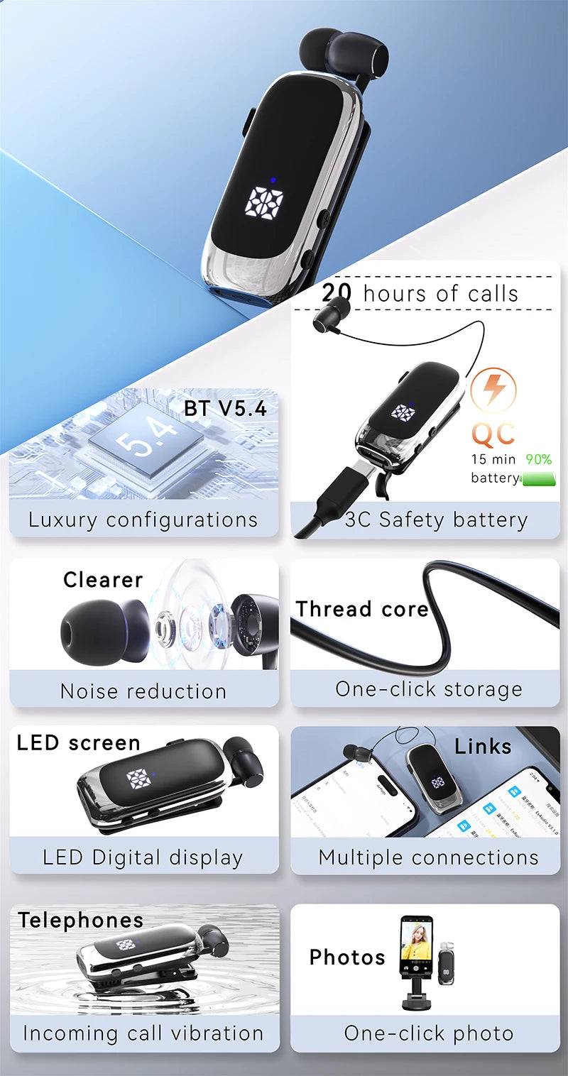 K88 Lavalier Business Bluetooth 5.4 Headphone Talk/Music Time 20 Hours,LED Digital Display,Noice Cancelling Wireless Earphones