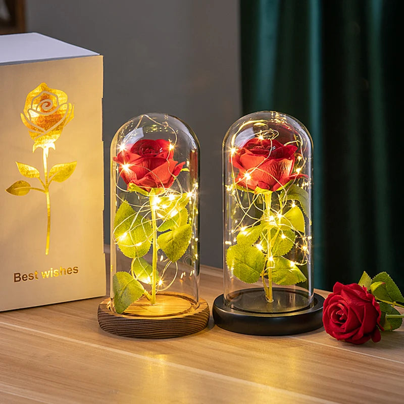 Artificial Rose Flowers Eternal Rose LED Light Foil Flower in Glass Cover Simulation Rose Flower Christmas Valentine's Day Gifts