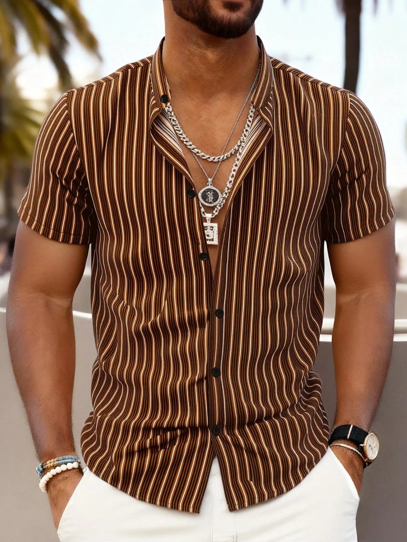 The new men's short-sleeved shirt for summer 2025 is breathable lightweight casual and fashionable with striped prints