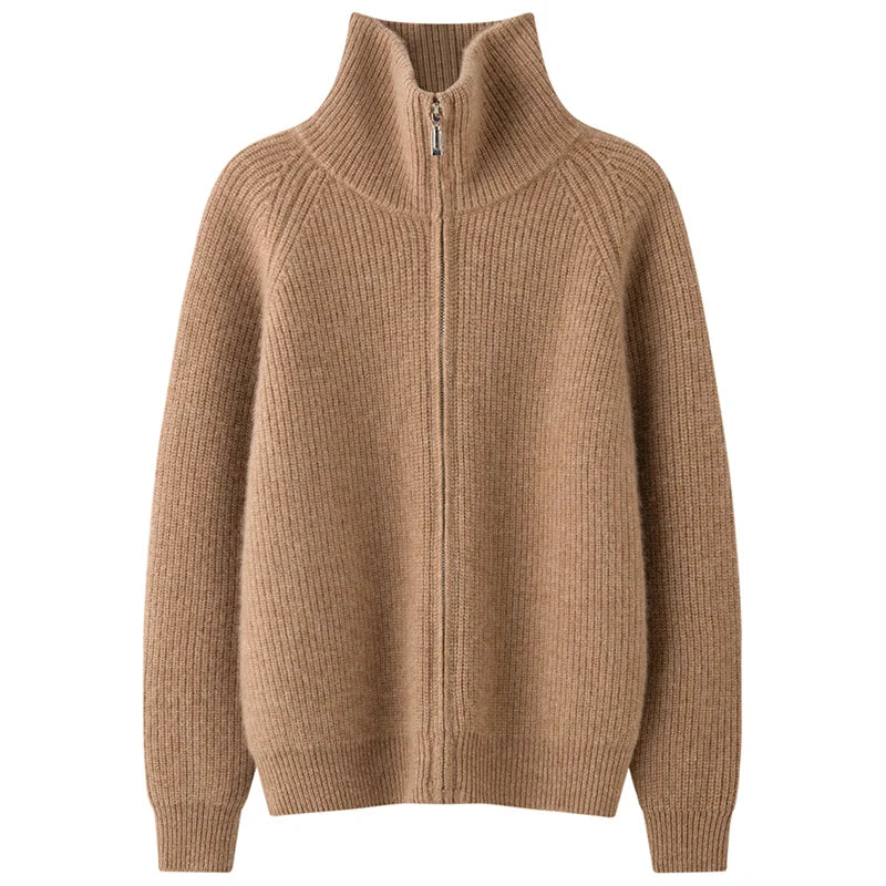 Autumn and winter women's clothing 100% pure cashmere collar thick knit zipper cardigan oversized coat sweater long sleeve loose