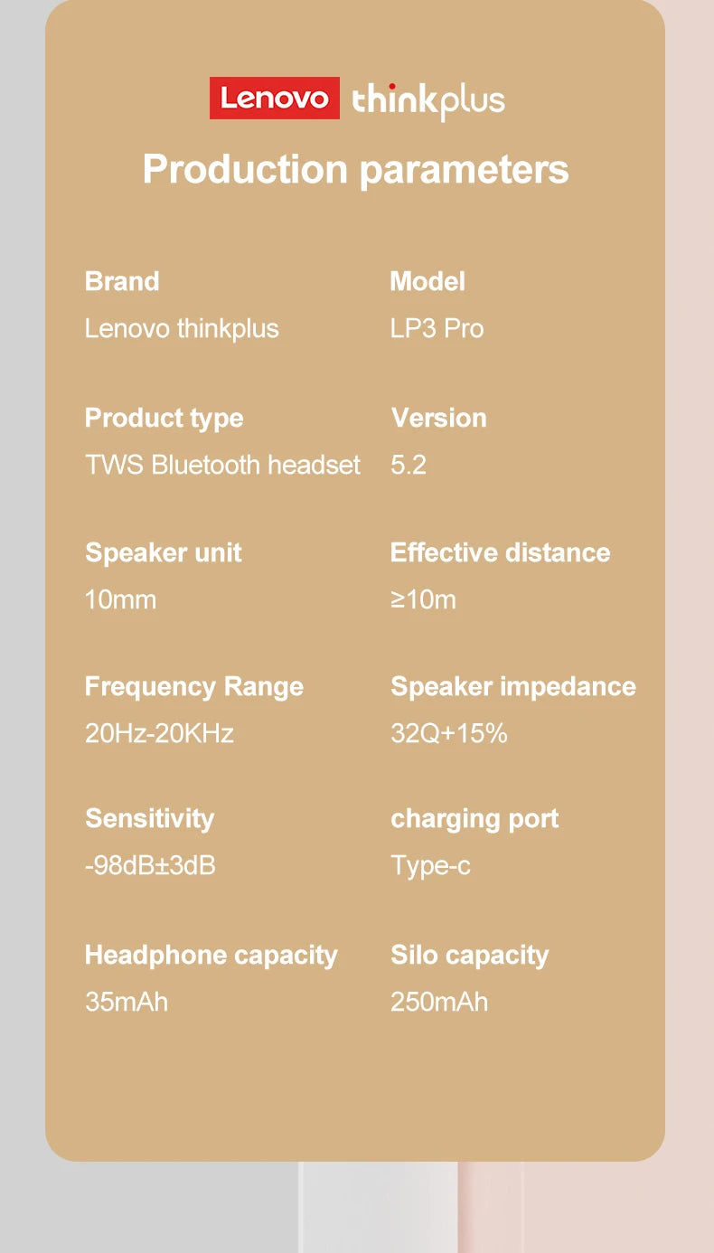 10pcs Lenovo LP3 Pro Wholesale 2pcs Original lp3pro Wireless Bluetooth Headphones HiFi Stereo Earbuds Noise Reduction With Mic