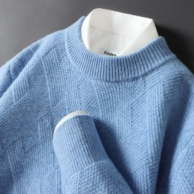 Men's Cashmere Sweater Loose and Thick Jacquard Crewneck Sweater Autumn and Winter New Solid Color Men's Knit Bottom Sweater