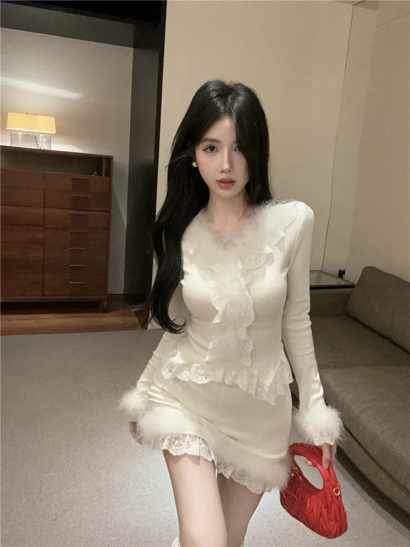 Autumn Winter Lace Splice Knitted Sve High Waist Slim Fit Bodycon Skirt Set V-Ne Soft Pure Desire Long Sve T-irt