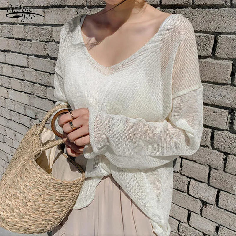 V-neck Sexy Shirts Women Summer See Through Boho Mesh Blouse Ruffle Flare Sleeve Elegant Peplum Tops Ruffles Ladies Blusas 13459