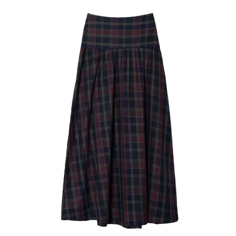 Women Chic Lace Up Checkered Skirt Suit Elegant V-neck Long Lantern Sleeve Top Long Skirts Set 2026 Spring Lady Commute outfits