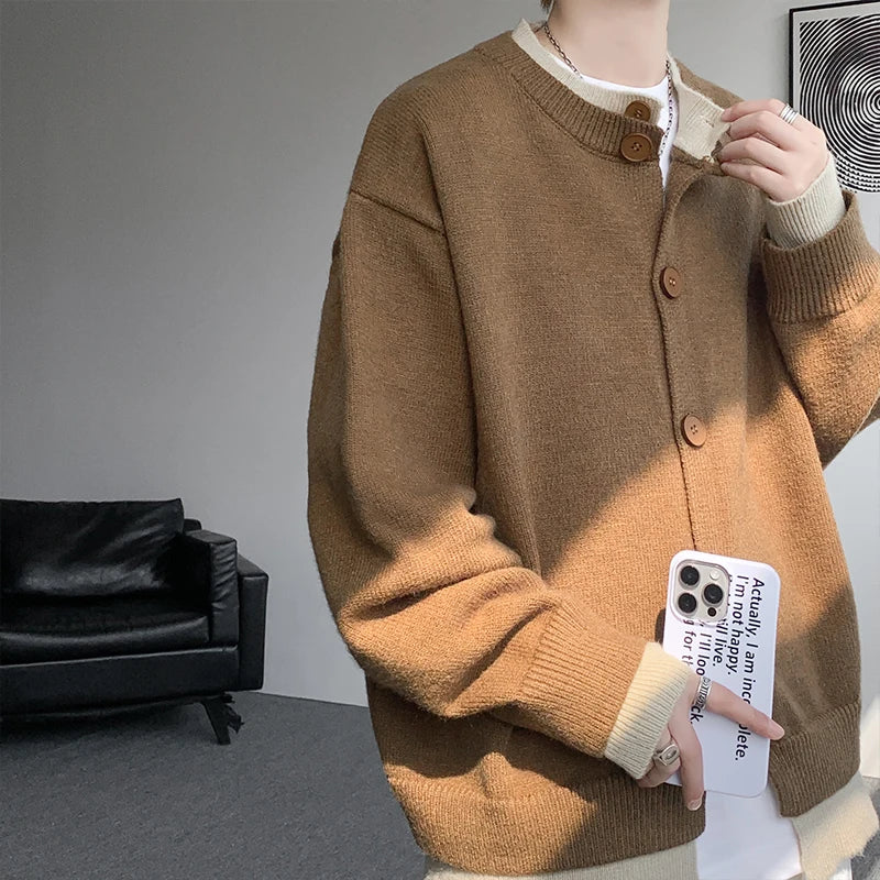 Men's Casual Contrast Color Cardigan Sweater Loose Button Front Knitted Coat for Daily Wear