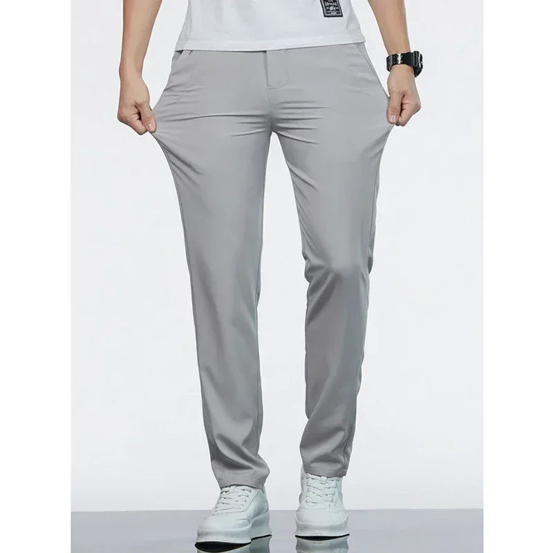 Men Ice Silk Thin Classic Casual Pants Male Slim Fit Straight Leg Daily Business Trousers Fashion Elastic Waist Black Gray Pants