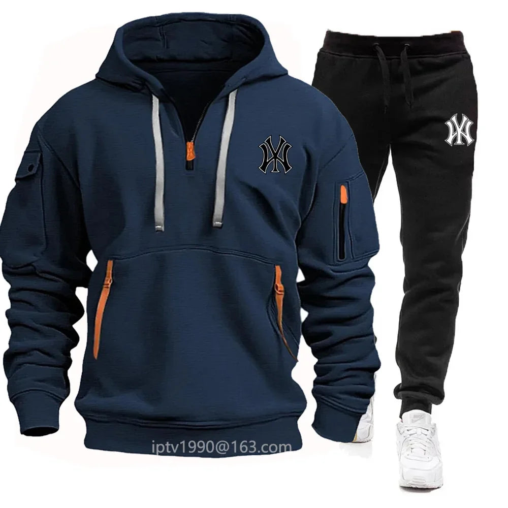 A stylish, casual and fitness two-piece set for men's autumn and winter 2025: zipper hoodie, long-sleeved pullovers and jogging