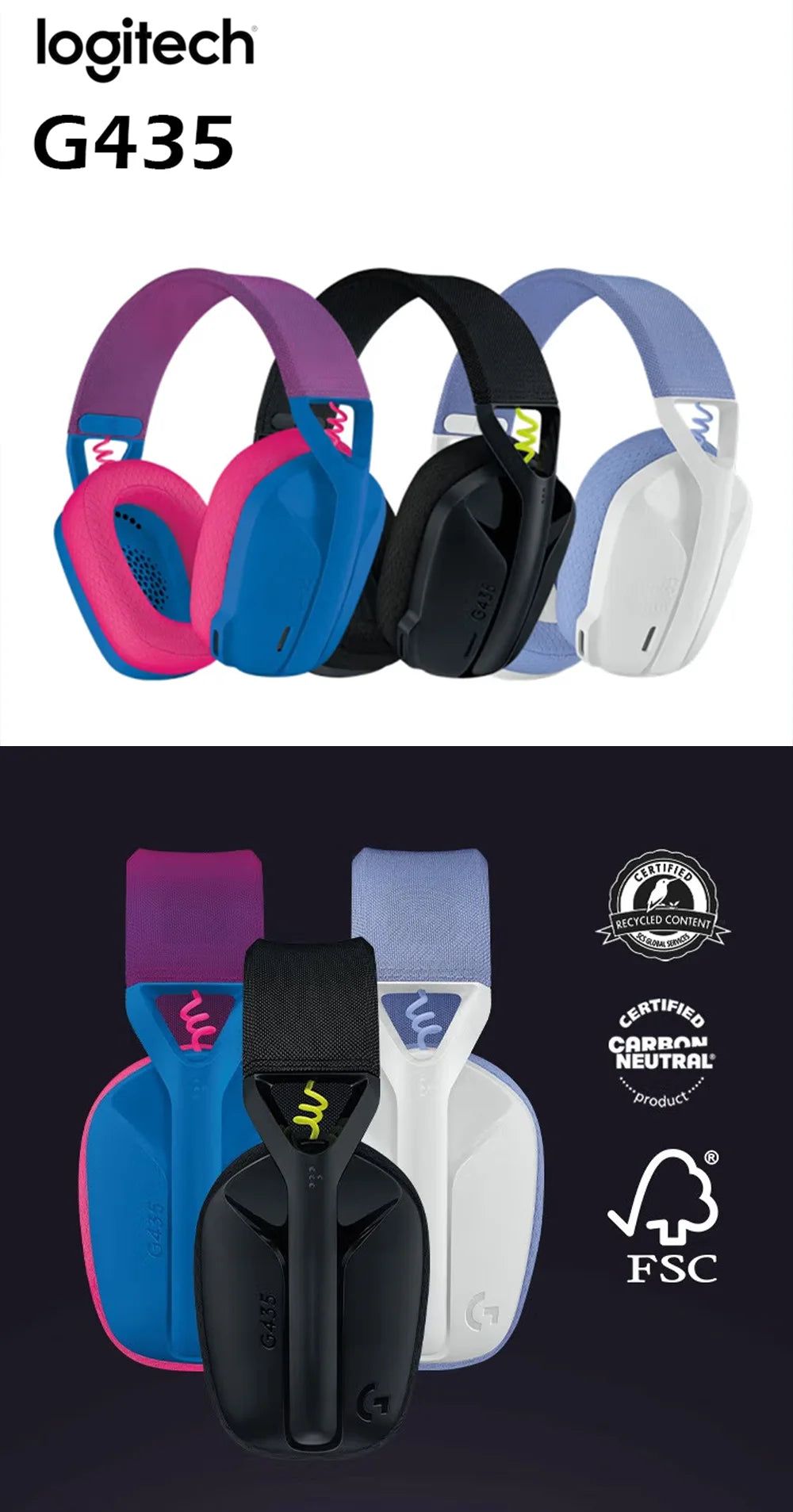 Logitech G435 LIGHTSPEED Wireless Gamer Headset USB Bluetooth/2.4 G Connection Built-in Microphone Gaming Headphone for PC/PS