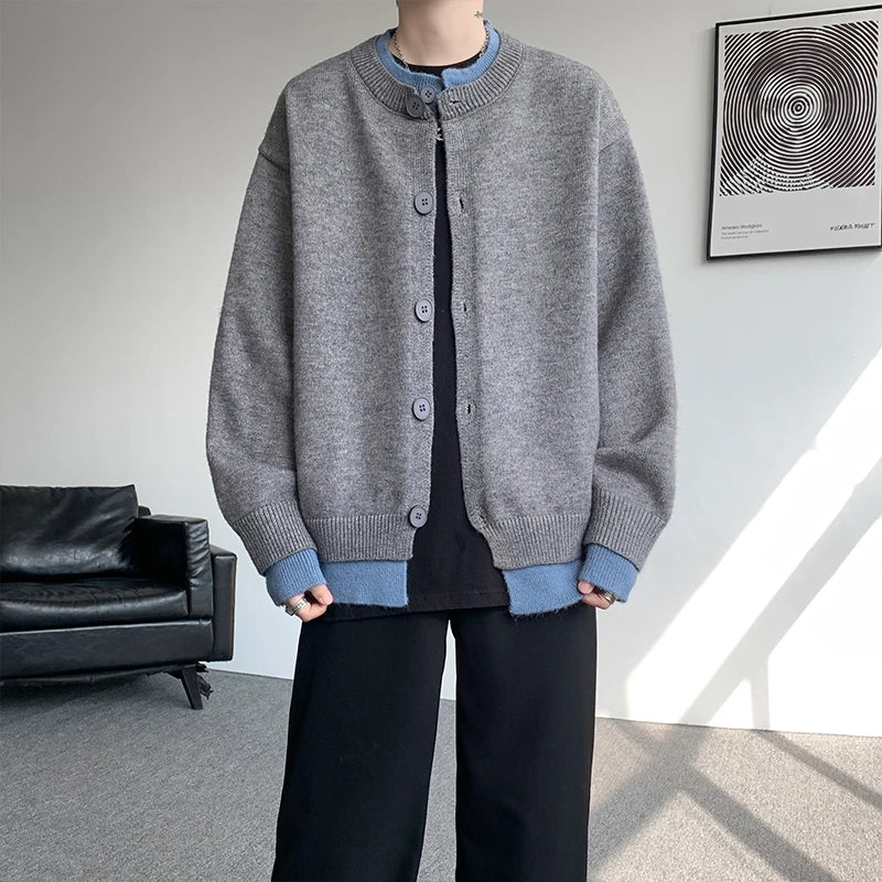 Men's Casual Contrast Color Cardigan Sweater Loose Button Front Knitted Coat for Daily Wear