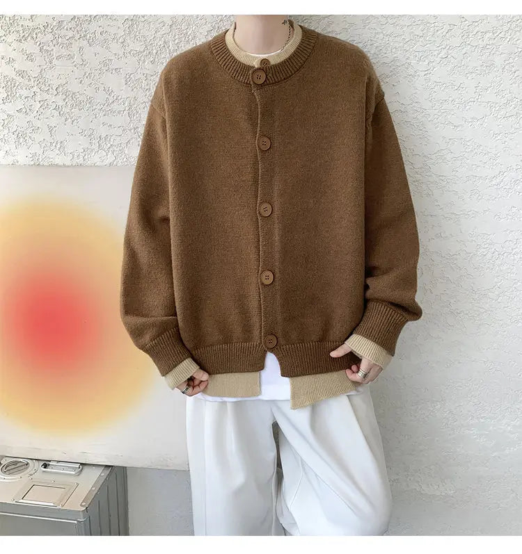 Men's Casual Contrast Color Cardigan Sweater Loose Button Front Knitted Coat for Daily Wear
