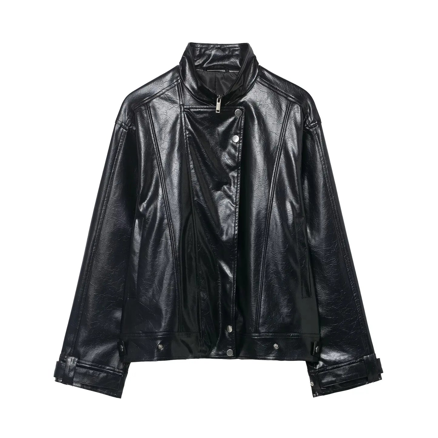 EDSA Women PU Leather Bomber Jacket Motorcycle Coat Black Spliced Zipper Fly Pu Leather Coat For Female New Street Style